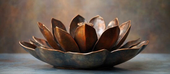 Poster - Bronze lotus-shaped decorative bowl on textured background.