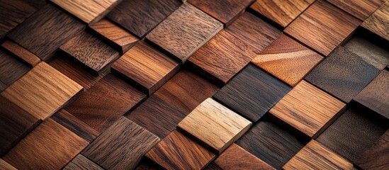 Poster - Wooden mosaic pattern with various shades and textures of natural wood pieces arranged closely together, suitable for background or text overlay, Copy Space