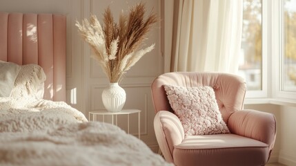Poster - Cozy bedroom interior with pink armchair and pampas grass in vase near window with sunlight.
