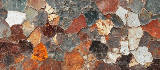 Poster - Colorful textured mosaic wall with irregular stone tiles in various shades of brown, red, green, and white, ideal for backgrounds, Copy Space.