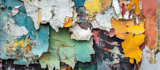Poster - Textured wall with peeling paint layers in various colors including blue, green, yellow, and red, abstract background with Copy Space.