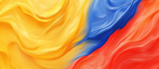 Poster - Colorful abstract wave pattern featuring yellow, blue, and red flowing textures with smooth transitions and vibrant hues Copy Space