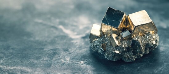Poster - mineral specimen of pyrite and quartz on textured surface with copy space for text placement