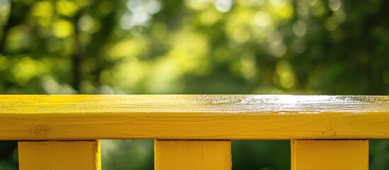 Poster - Yellow wooden railing with blurred green foliage background and natural light, ideal for outdoor or nature-themed compositions, Copy Space.