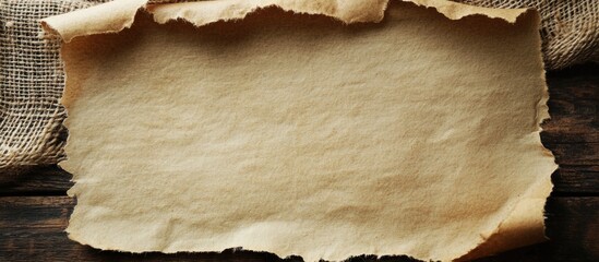 Poster - Torn old paper sheet on wooden background with fabric texture and empty space for text or design Copy Space