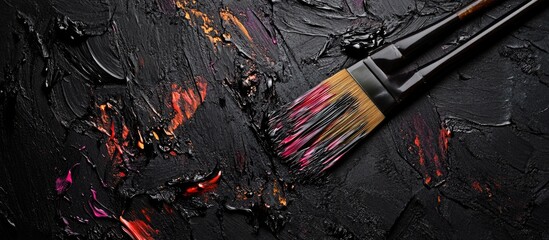 Poster - Colorful paint strokes on black textured surface with paintbrush displaying vibrant bristles Copy Space
