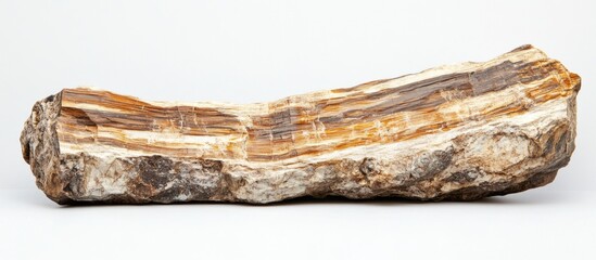 Poster - Petrified wood specimen displaying distinct layers and texture on a neutral background with copy space for text placement