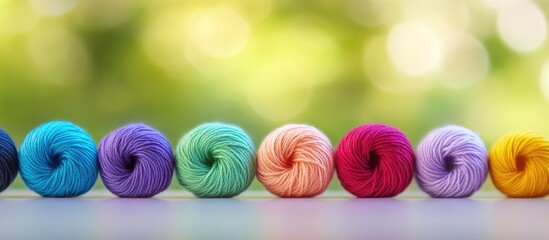 Poster - Colorful yarn balls arranged in a row with blurred green background and copy space for text placement