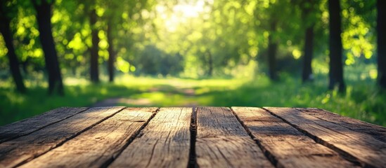 Poster - Wooden table with blurred green forest background and sunlight filtering through trees