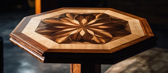 Poster - Intricate wooden table with octagonal top featuring detailed inlaid floral design and contrasting wood tones against dimly lit background Copy Space