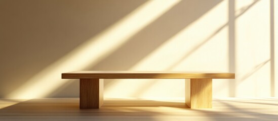 Poster - Wooden coffee table in minimalist interior with sunlight casting shadows on the wall and floor Copy Space