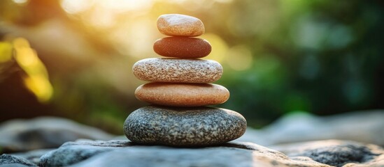 Poster - Stacked smooth stones with natural background in soft light creating a tranquil setting for relaxation and meditation Copy Space