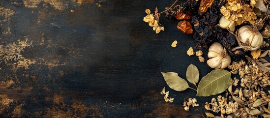 Poster - Autumn leaves and dried flowers on dark textured surface with copy space.