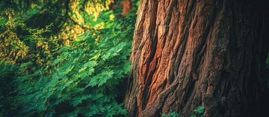 Poster - Close-up of textured tree bark surrounded by lush green foliage in a forest setting with natural lighting and Copy Space