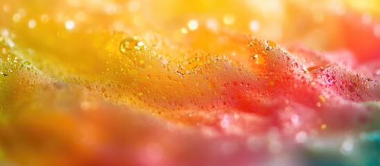 Poster - Colorful liquid surface with bubbles and gradients in yellow, orange, pink, and blue hues, abstract background with Copy Space.