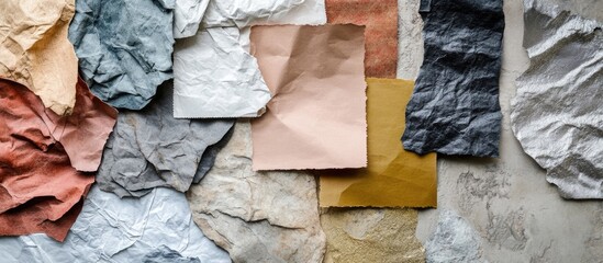 Poster - Assorted crumpled textured paper sheets in various colors and patterns arranged on a surface with neutral tones Copy Space