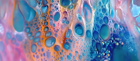 Sticker - Colorful abstract liquid art with bubbles and smooth textures in shades of blue, orange, and pink. Copy Space