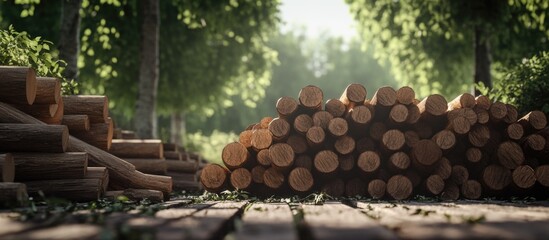 Poster - Stacked Logs in a Forest Pathway with Sunlight Filtering Through Trees