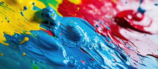 Poster - colorful paint splashes and drips on a textured surface with vibrant hues of blue yellow red and gre