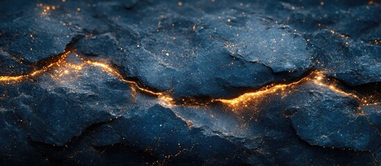Poster - abstract cracked texture with glowing golden line pattern on dark blue surface