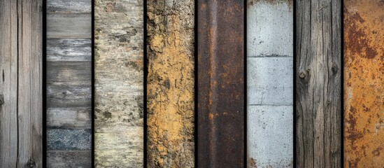Poster - Variety of textured surfaces including wood, metal, and rust in a horizontal arrangement with Copy Space for text.