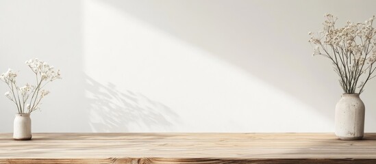 Poster - Minimalist interior with wooden table and ceramic vases featuring delicate dried flowers against a white wall with copy space.