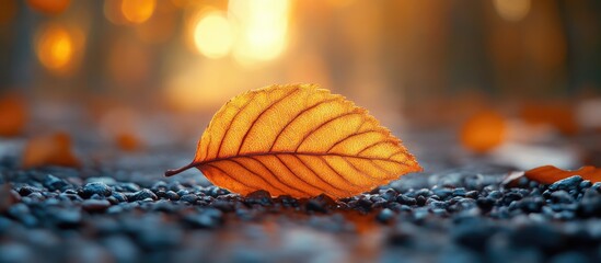 Poster - Autumn Leaf on Pebble Ground with Blurred Forest Background