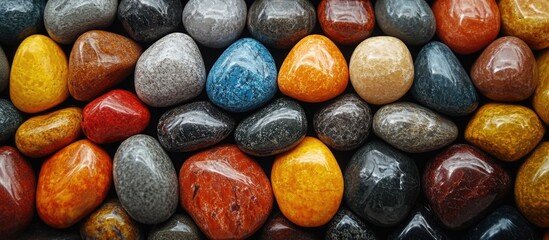 Poster - Colorful Smooth Pebbles Background with Various Shades and Textures Ideal for Natural Themes Copy Space