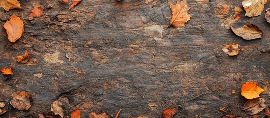 Poster - Autumn fallen leaves on rustic wooden background with textured surface and ample copy space