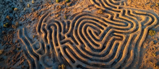 Poster - Aerial view of intricate maze patterns formed in a desert landscape during golden hour light with shadows and earthy tones Copy Space