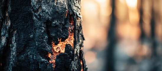 Poster - Close-up of Tree Bark with Resin Oozing Outdoors at Sunset with Blurred Background