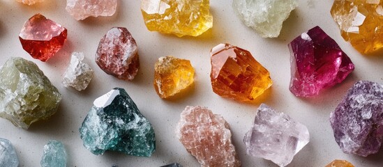 Poster - Colorful natural crystals and gemstones in various shapes and sizes on a neutral background with Copy Space