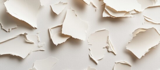 Poster - Textures of torn white paper pieces scattered on a neutral background with visible surface details and imperfections Copy Space