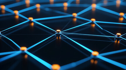 Poster - close up shot of interconnected blockchain layers, showcasing vibrant blue lines and glowing orange nodes, representing digital connectivity and technology