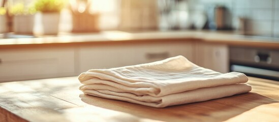Poster - Stack of folded kitchen towels on wooden countertop with blurred modern kitchen background and warm lighting