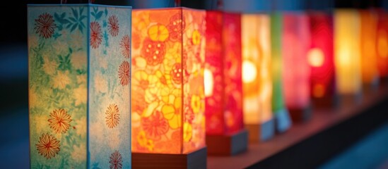 Poster - Colorful illuminated paper lanterns displayed in a row against a soft background with warm ambient lighting and decorative patterns Copy Space