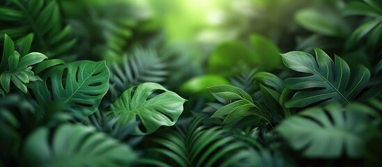 Poster - Lush tropical foliage background with various green leaves and blurred bokeh effect for design purposes Copy Space