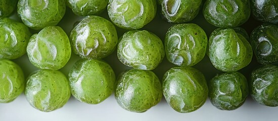 Sticker - Close-up of glossy green round gemstones arranged in a uniform pattern with smooth surface textures Copy Space