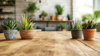 Wall Mural - Succulent Plants in Various Pots on Wooden Table in Bright Room with Copy Space