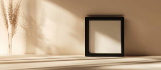 Poster - Empty black frame on beige wall with shadows and dried plants, minimalist decor, copy space