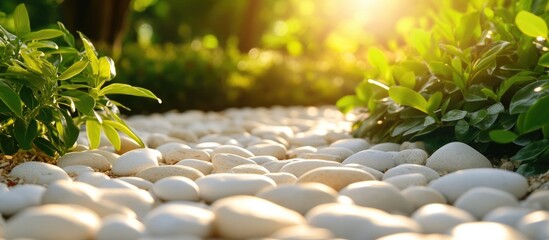 Poster - Sunlit Pathway with White Pebbles Surrounded by Green Plant Foliage