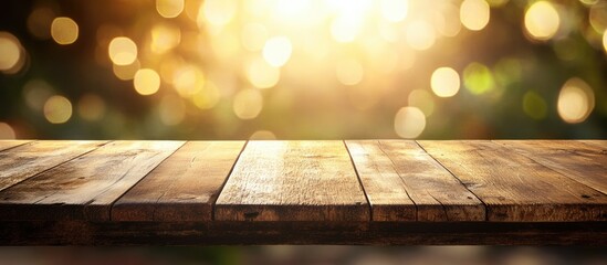 Aufkleber - Wooden table surface with sunlit bokeh background and copy space.