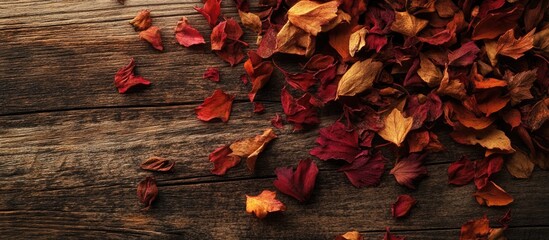 Poster - Autumn Dried Leaves Scattered on Wooden Surface with Copy Space on Left