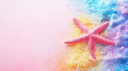 Poster - Pink starfish on multicolored sand gradient background with copy space