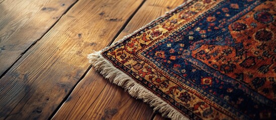 Poster - Close-up of colorful Persian rug on wooden floor with sunlight and fringe detailing