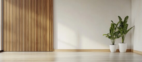 Poster - Minimalist interior with wooden slats and potted plants on wooden floor with copy space