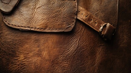 Poster - Close-up of vintage brown leather texture with stitches and buckle details