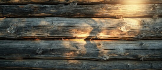 Poster - Sunlight Casting Shadows on Rustic Wooden Log Wall