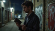 © Ektala - guilty thief Thoughtful young man holding wallet in urban alley at night