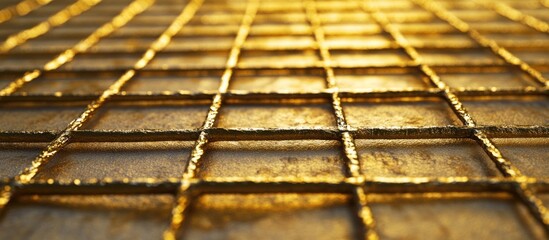 Poster - Close-up of golden metal grid pattern on reflective surface with blurred background